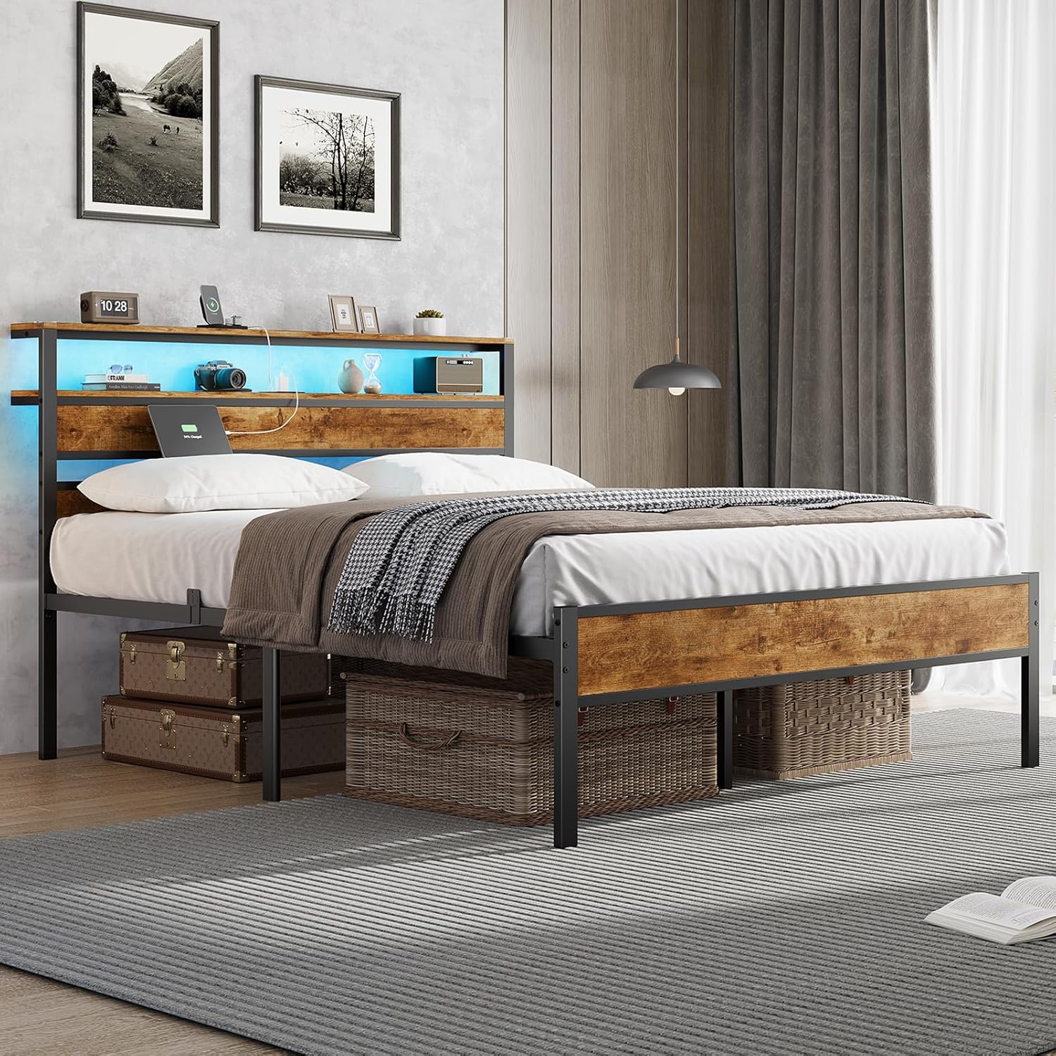 Hasuit Queen Bed Frame with Headboard, LED Lights and Charging Station, Metal Platform Bed Queen Size with Heavy Duty Slats, Under Bed Storage, Fast Assembly, No Box Spring Needed, Noise Free