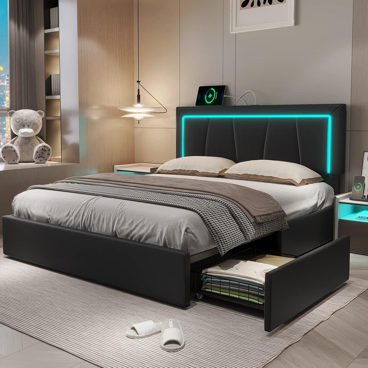 4 Drawers Faux Leather Upholstered Platform Bed Frame with LED Headboard Black