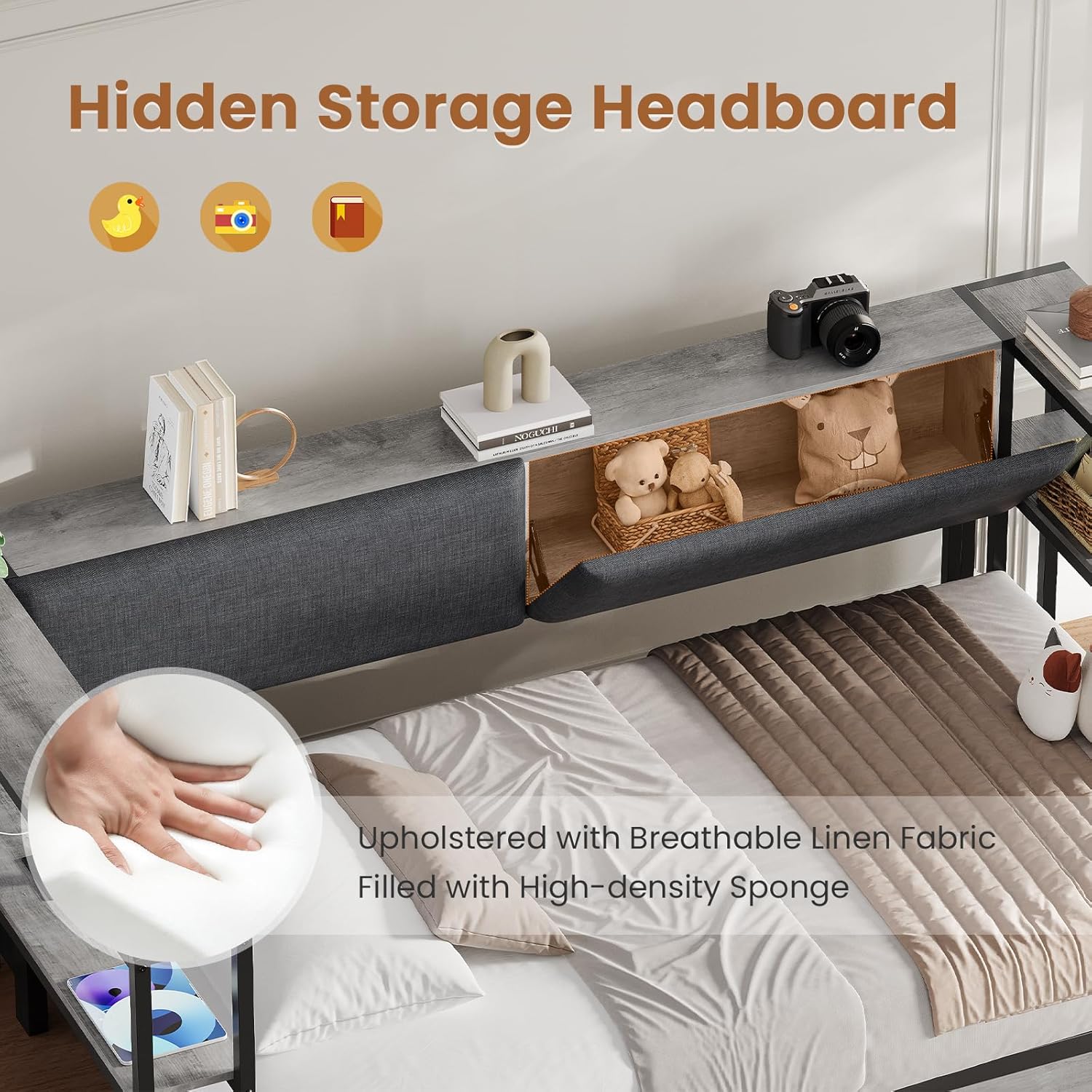 Hasuit Twin Daybed with Storage Bookcase and Drawers, Kids Bedroom Bed Frame Twin Size Unit with Charging Station, Corner Bed with Armrest Storage Shelves and Upholstered Backrest for Small Space