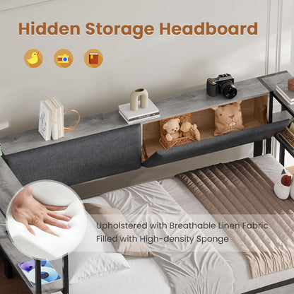 Hasuit Twin Daybed with Storage Bookcase and Drawers, Kids Bedroom Bed Frame Twin Size Unit with Charging Station, Corner Bed with Armrest Storage Shelves and Upholstered Backrest for Small Space