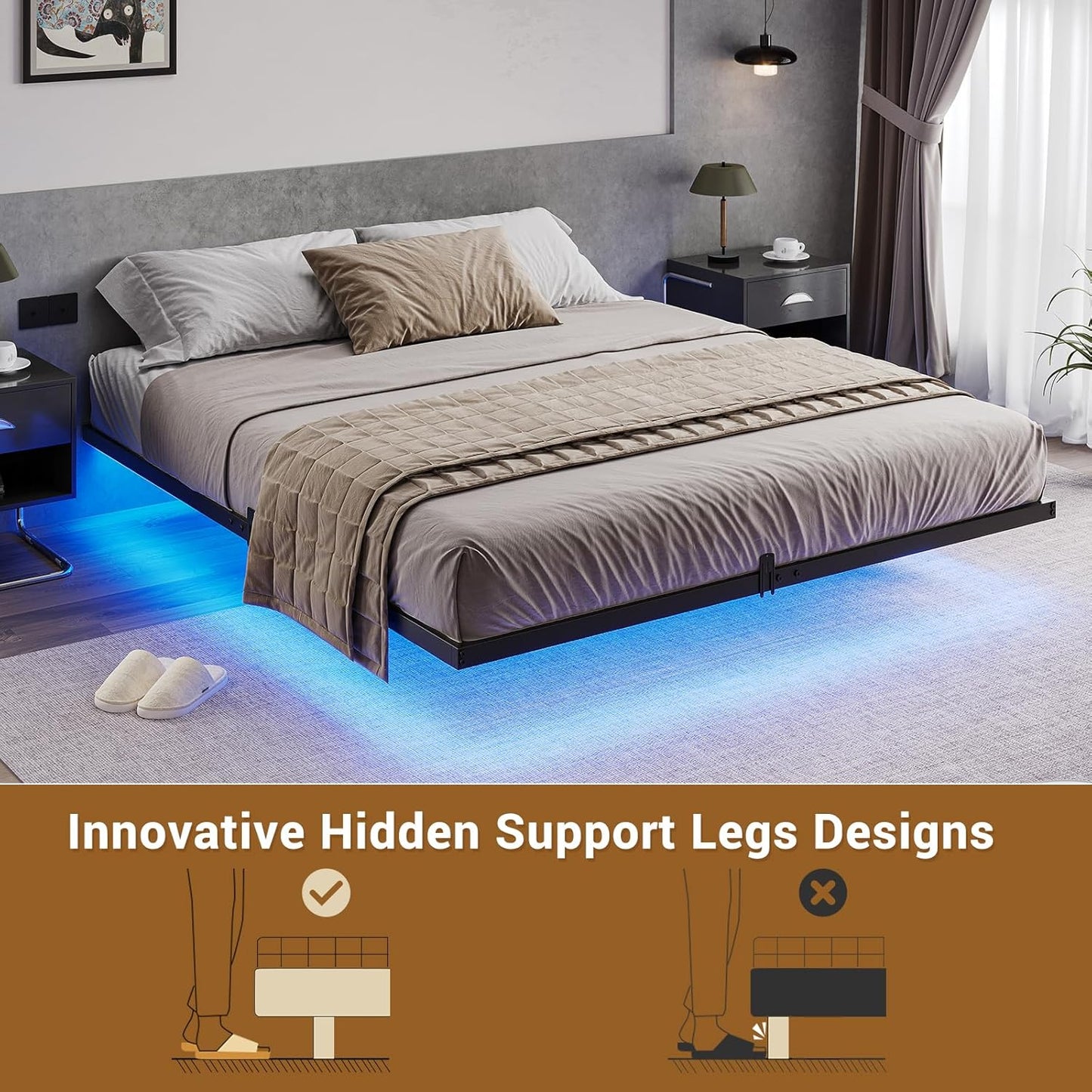 Hasuit Full Bed Frame w/ LED Lights & Metal Platform – No Box Spring, Easy Assembly