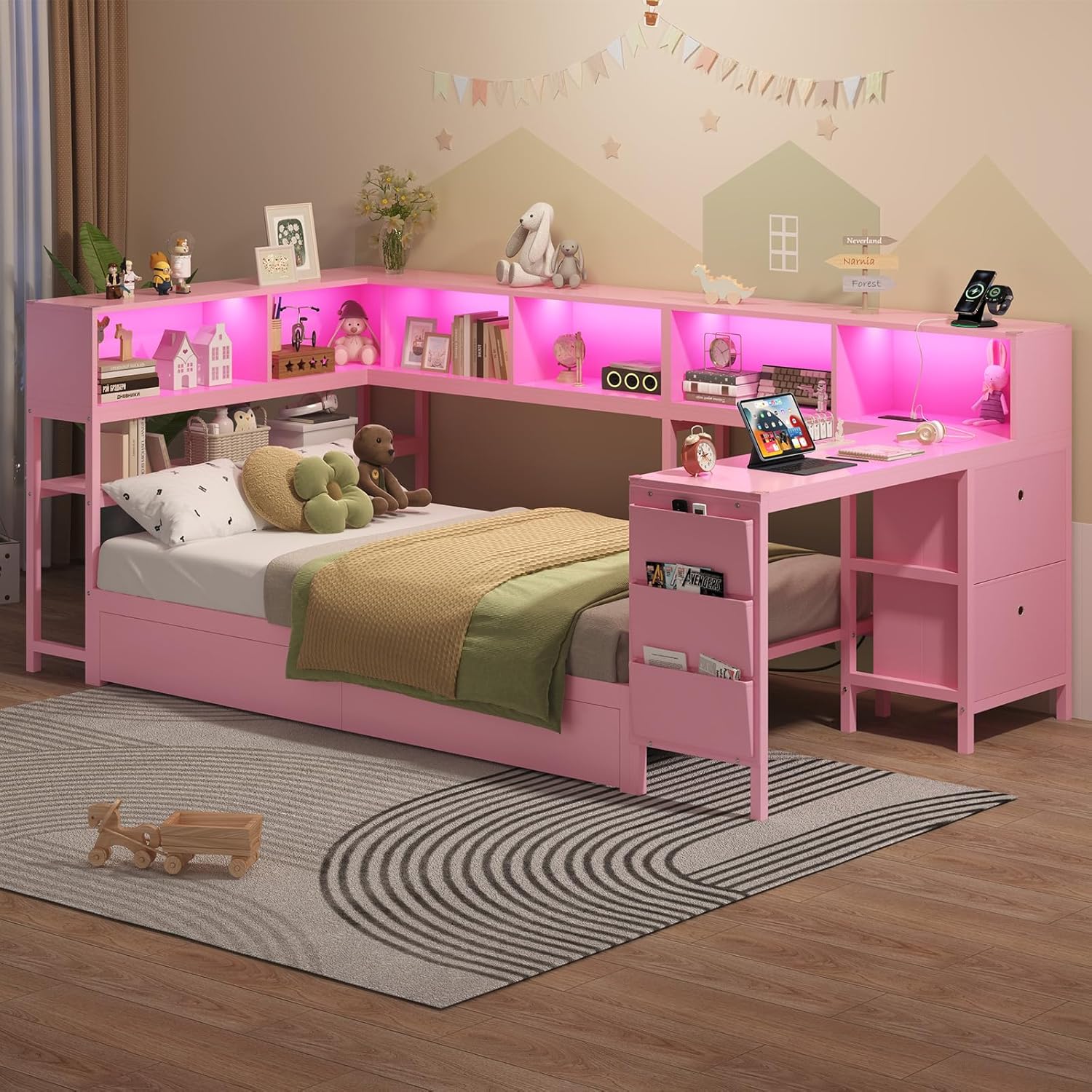 Hasuit Twin Corner Bed with Desk and Storage Bookcase, Daybed with 2 Drawers & 2 Storage Bins, Twin Size Platform Bed Frame with Charging Station and LED Light, Modern Teenagers Bedframe, Pink