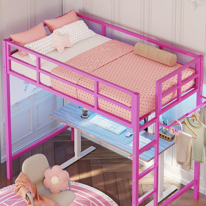 Hasuit Twin Pink Loft Bed with LED Lights, Loft Bed Twin Size with Full-Length Guardrail &Clothes Rack, Heavy Duty Loft Beds Frame, Space-Saving, Noise Free, No Box Spring Needed, Pink