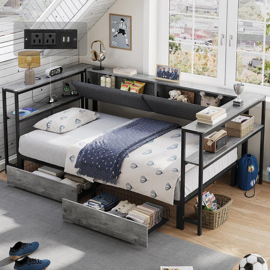 Hasuit Twin Daybed with Storage Bookcase and Drawers, Kids Bedroom Bed Frame Twin Size Unit with Charging Station, Corner Bed with Armrest Storage Shelves and Upholstered Backrest for Small Space