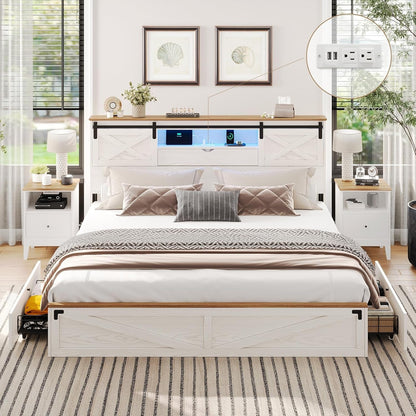 LED Farmhouse Wooden Platform Bed Frame With Charging Station 2 Drawers White