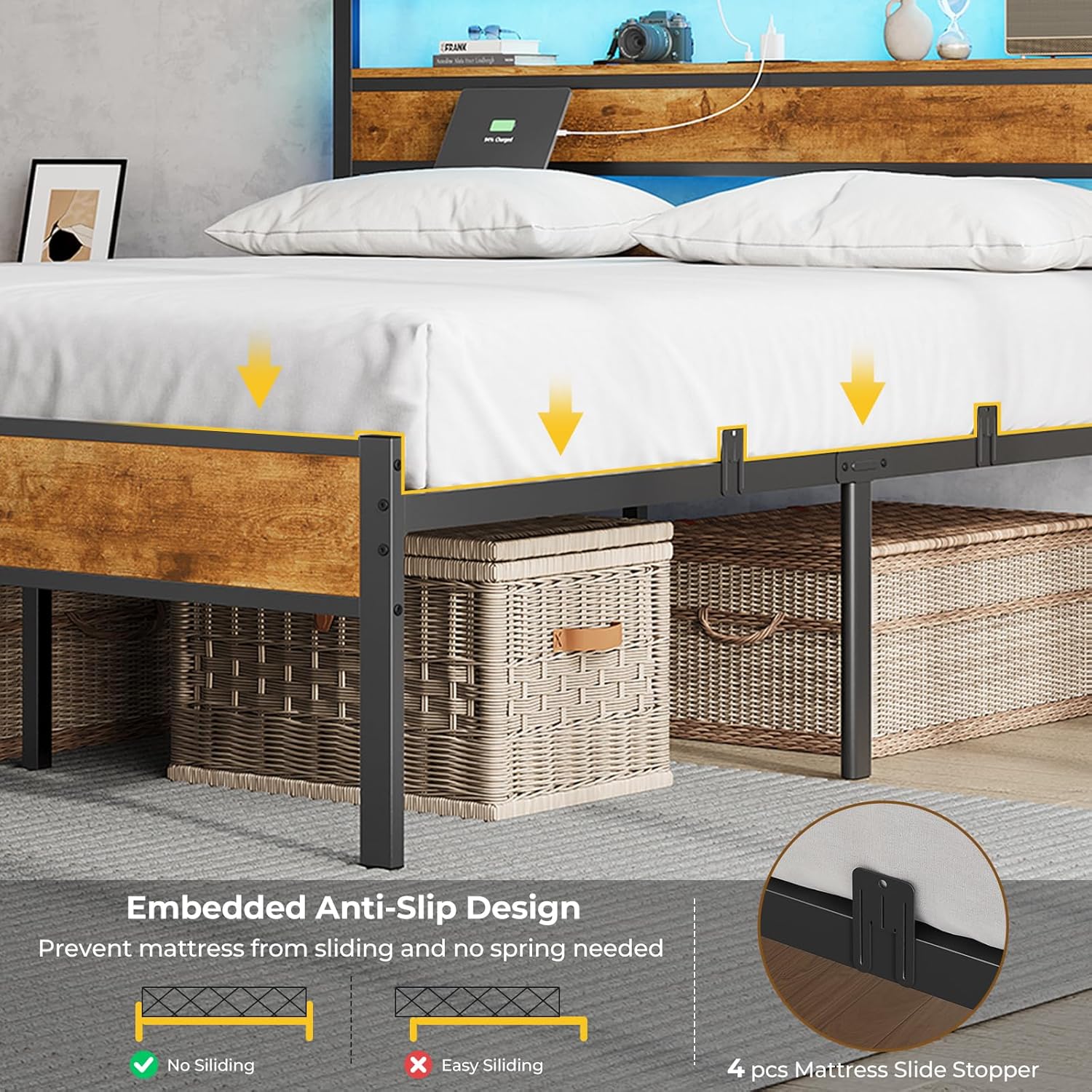 Hasuit Queen Bed Frame with Headboard, LED Lights and Charging Station, Metal Platform Bed Queen Size with Heavy Duty Slats, Under Bed Storage, Fast Assembly, No Box Spring Needed, Noise Free