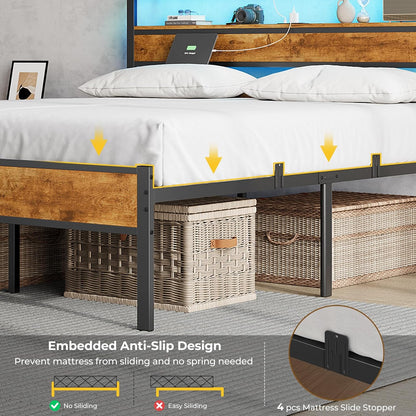 Hasuit Queen Bed Frame with Headboard, LED Lights and Charging Station, Metal Platform Bed Queen Size with Heavy Duty Slats, Under Bed Storage, Fast Assembly, No Box Spring Needed, Noise Free