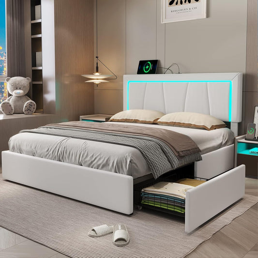4 Drawers Faux Leather Upholstered Platform Bed Frame with LED Headboard White