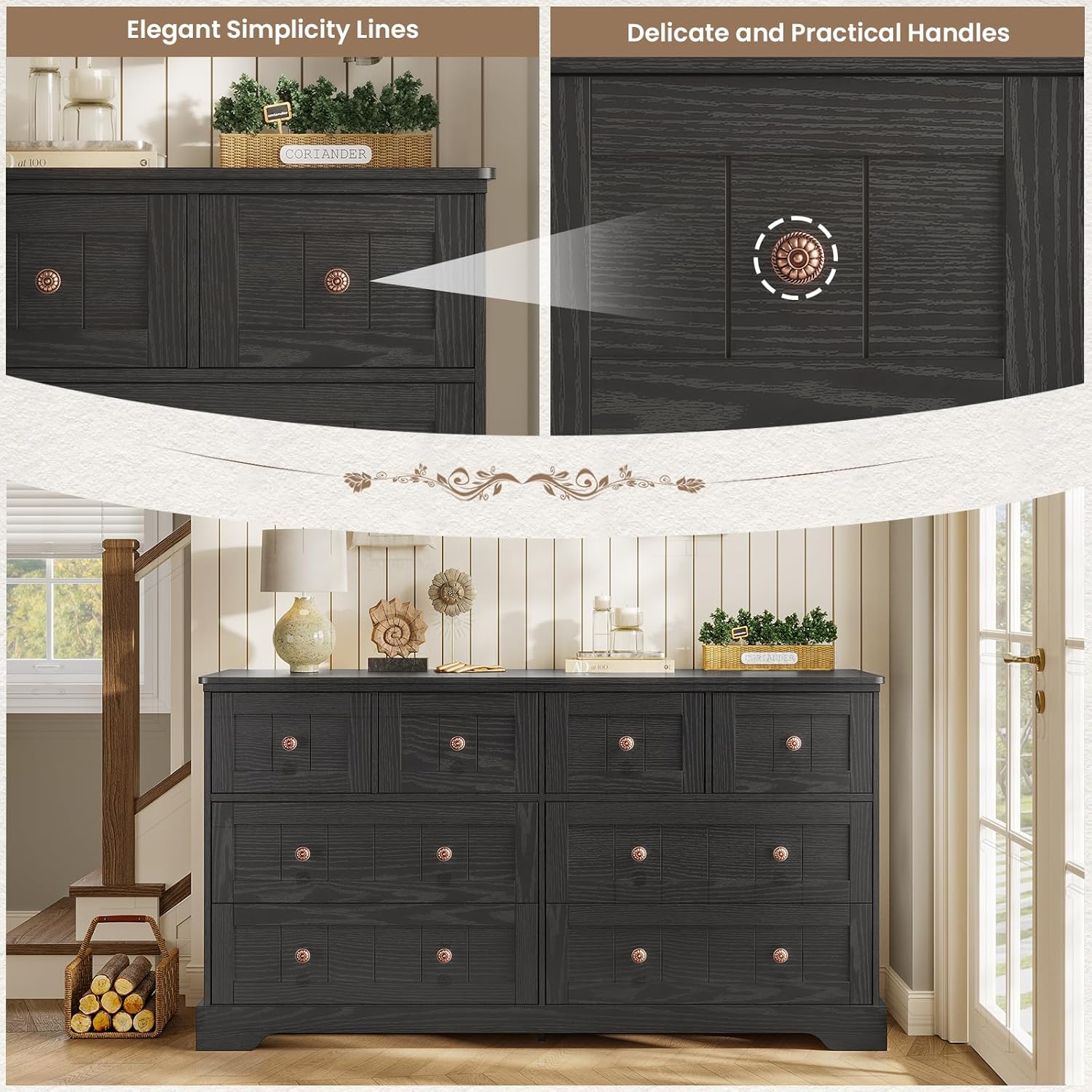 Hasuit Black Dresser for Bedroom, Farmhouse 8 Drawers Dresser, 55" Wide Dressers Chest of Drawers with Hand Carved Panel, Large Wood Closet Storage Organizers Dressers for Bedroom, Living Room Hallway