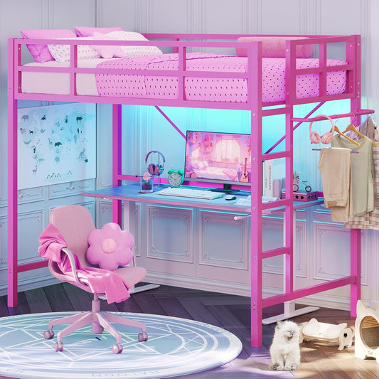 Hasuit Twin Pink Loft Bed with LED Lights, Loft Bed Twin Size with Full-Length Guardrail &Clothes Rack, Heavy Duty Loft Beds Frame, Space-Saving, Noise Free, No Box Spring Needed, Pink