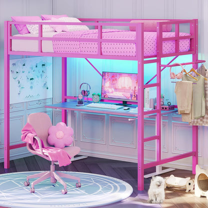Hasuit Twin Pink Loft Bed with LED Lights, Loft Bed Twin Size with Full-Length Guardrail &Clothes Rack, Heavy Duty Loft Beds Frame, Space-Saving, Noise Free, No Box Spring Needed, Pink