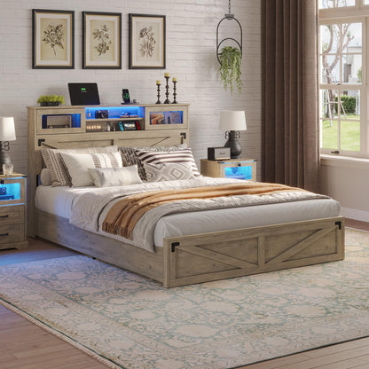Hasuit Farmhouse Bed Frame King Size with Bookcase Headboard and 2 Drawers, Wooden Platform King Bed with LED Lights and Charging Station, Rustic Accent Headboard with Sliding Door, Rustic Brown