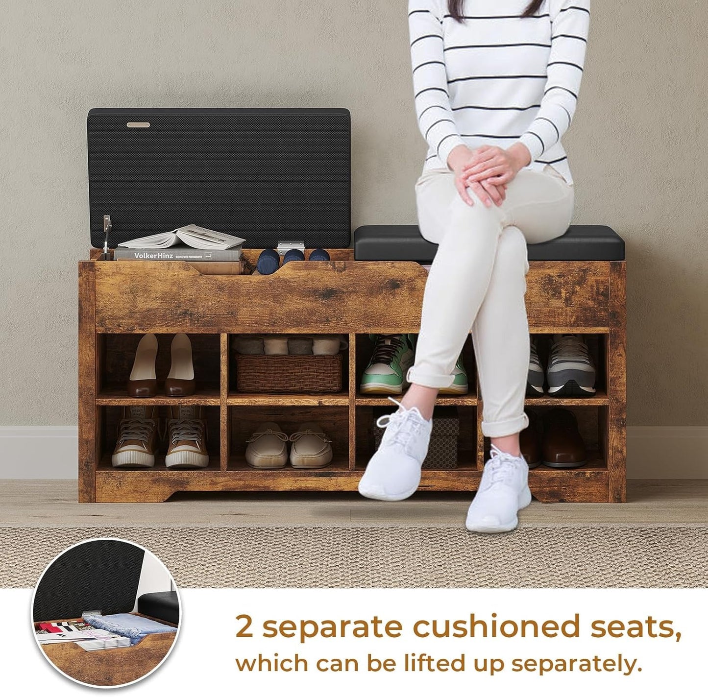 Hasuit 8 Adjustable Cubbies Shoe Organizer Bench With Cushion Seat And 2 Lift Top Storage Boxes Brown