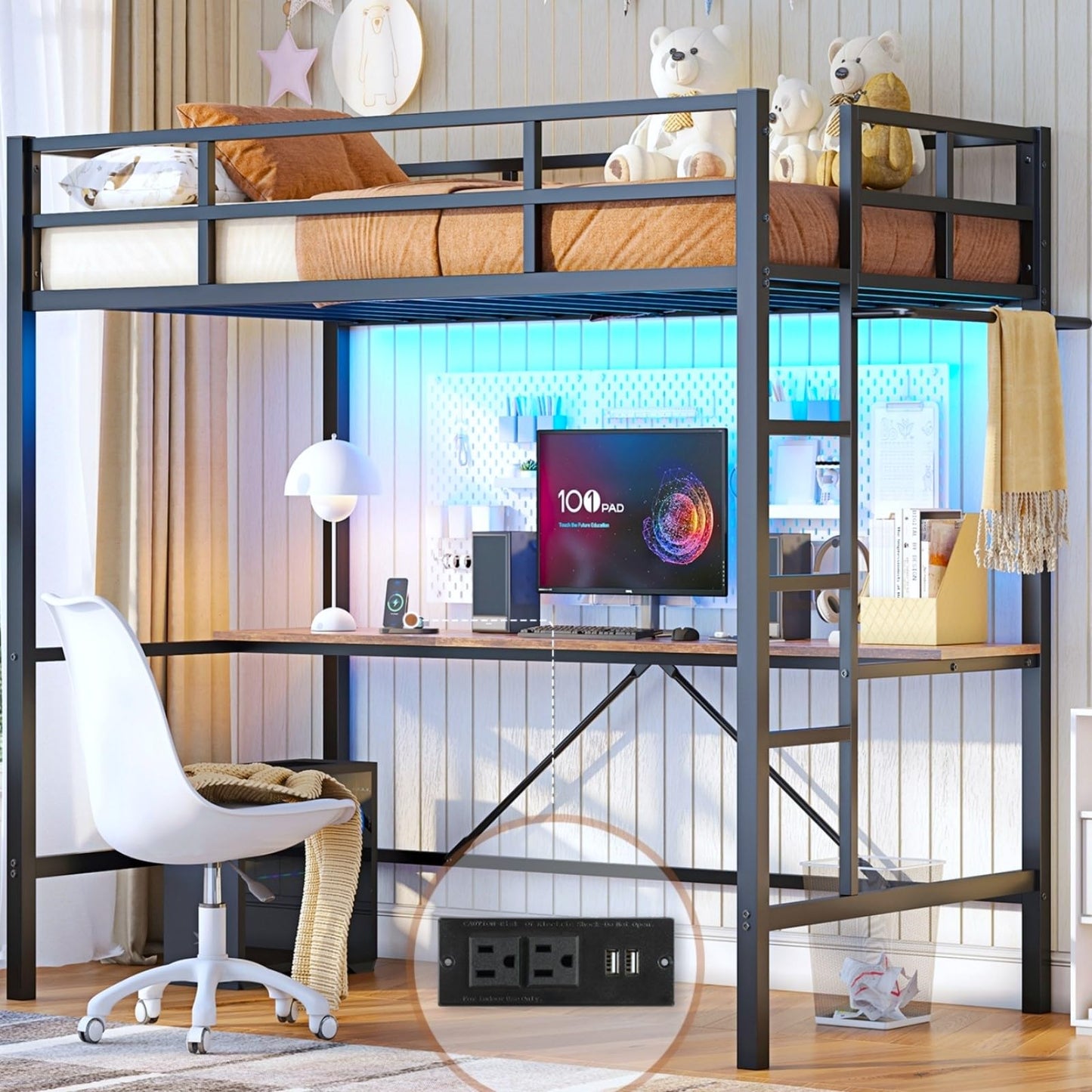 Hasuit Full Size Metal Loft Bed with Desk, LED Lights & Charging Station - Sturdy Space-Saving Bed Frame, Loft Bed Full Size Includes Safety Guard Rail & Ladder, No Box Spring Needed, Durable, Black