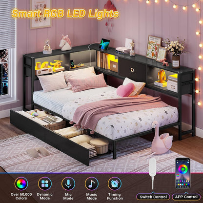 Hasuit Kids Corner Twin Bed with Storage, Charging & LED Light