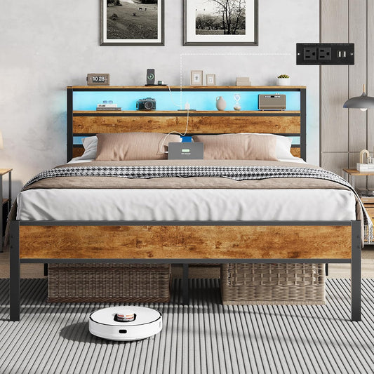 Hasuit Queen Bed Frame with Headboard, LED Lights and Charging Station, Metal Platform Bed Queen Size with Heavy Duty Slats, Under Bed Storage, Fast Assembly, No Box Spring Needed, Noise Free