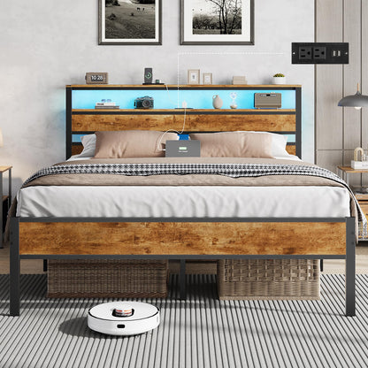 Hasuit Queen Bed Frame with Headboard, LED Lights and Charging Station, Metal Platform Bed Queen Size with Heavy Duty Slats, Under Bed Storage, Fast Assembly, No Box Spring Needed, Noise Free