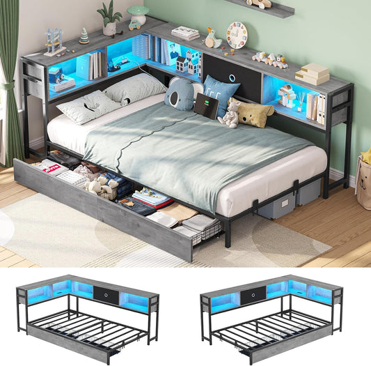 Hasuit Kids Corner Twin Bed with Storage, Charging & LED Light