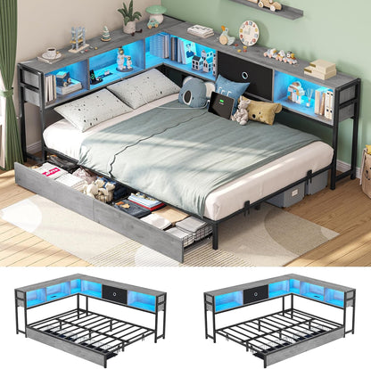 Hasuit Kids Corner Twin Bed with Storage, Charging & LED Light