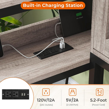 Hasuit Twin XL Corner Bed with Drawers and Bookcase Storage Shelves, Daybed with Charging Station and LED Light, Farmhouse Wooden Bed Frame with Sliding Barn Doors, No Box Spring Needed, Rustic Gray