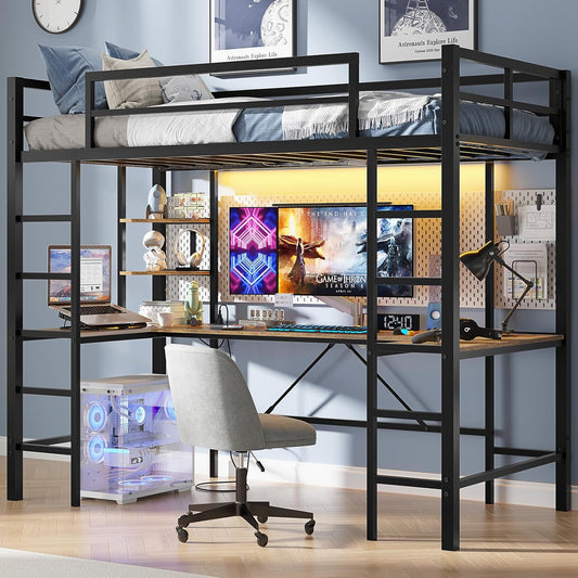 Hasuit Twin Size Loft Bed with U-Shaped Desk, Charging Station &LED Lights, Metal LED Twin Loft Bed with Open Storage Shelves, Safety Guardrail & Double Ladder,No Box Spring Needed, Black Loft Bed