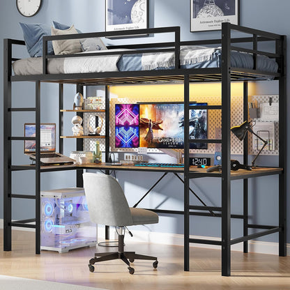 Hasuit Twin Size Loft Bed with Desk U-Shaped | Heavy Duty Metal Frame & Built-in Charging Station | RGB APP-Controlled LED Lights, Safety Guardrails + Open Shelves | No Box Spring Needed, Black
