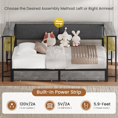 Hasuit Twin Daybed with Storage Bookcase and Drawers, Kids Bedroom Bed Frame Twin Size Unit with Charging Station, Corner Bed with Armrest Storage Shelves and Upholstered Backrest for Small Space