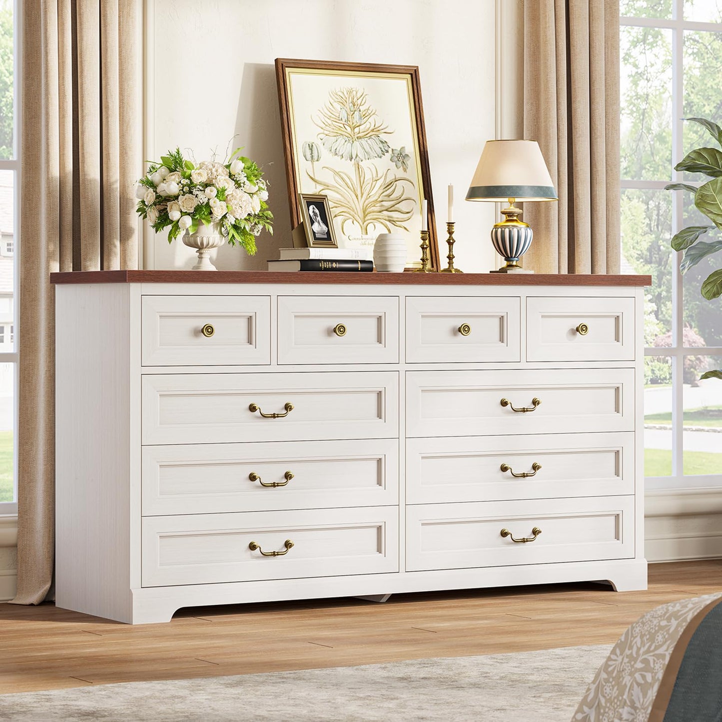 Hasuit Farmhouse 10 Drawer Dresser for Bedroom, 55.1" Wide Dressers Chest of Drawers, Rustic Wood Storage Cabinet with Deep Drawers and Vintage Handle, Large Gray Dresser for Bedroom, Closet, Hallway