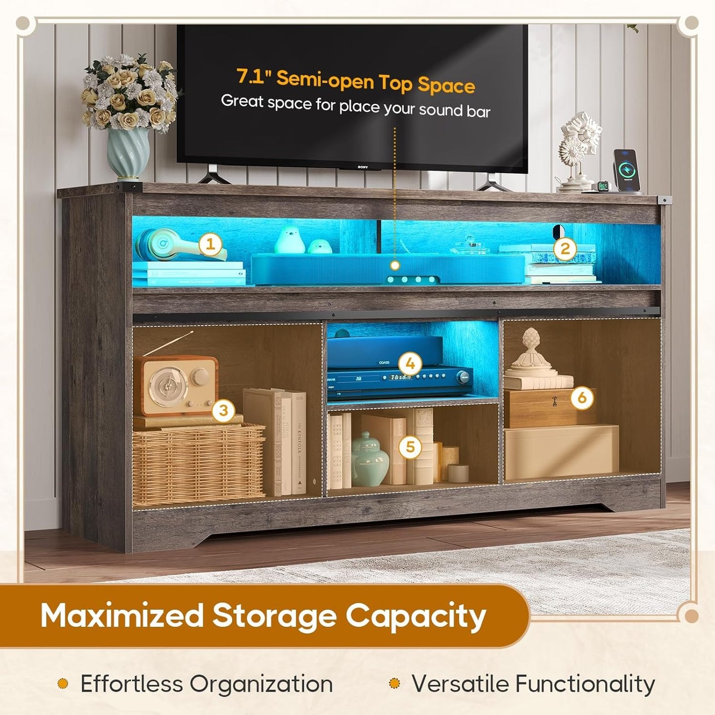 Hasuit Farmhouse LED TV Stand Entertainment Center with Power Outlet and Storage Cabinet for Living Room Oak