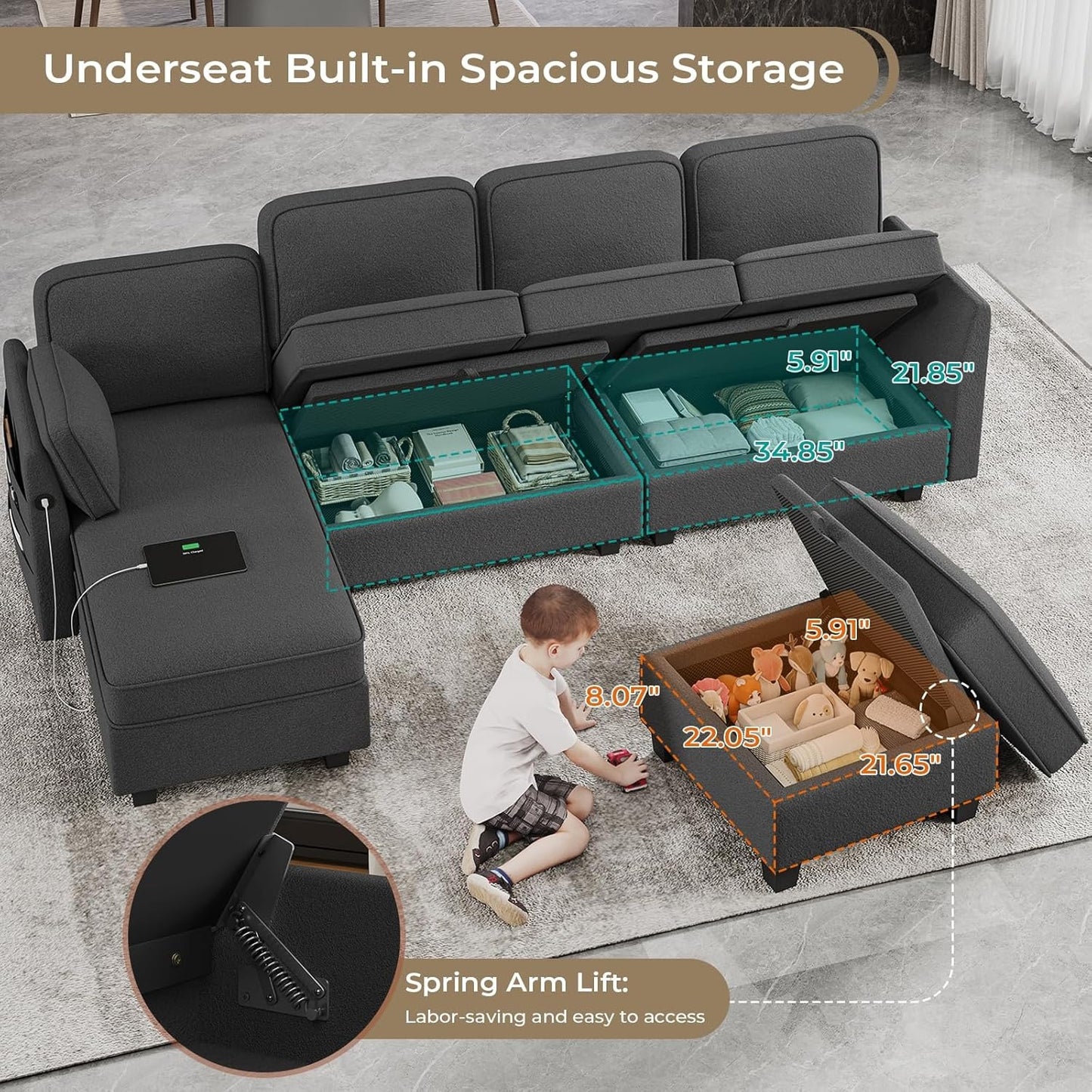Hasuit 113'' U Shaped  Sectional Sofa with Storage Seats Comfy  with USB Dark Grey