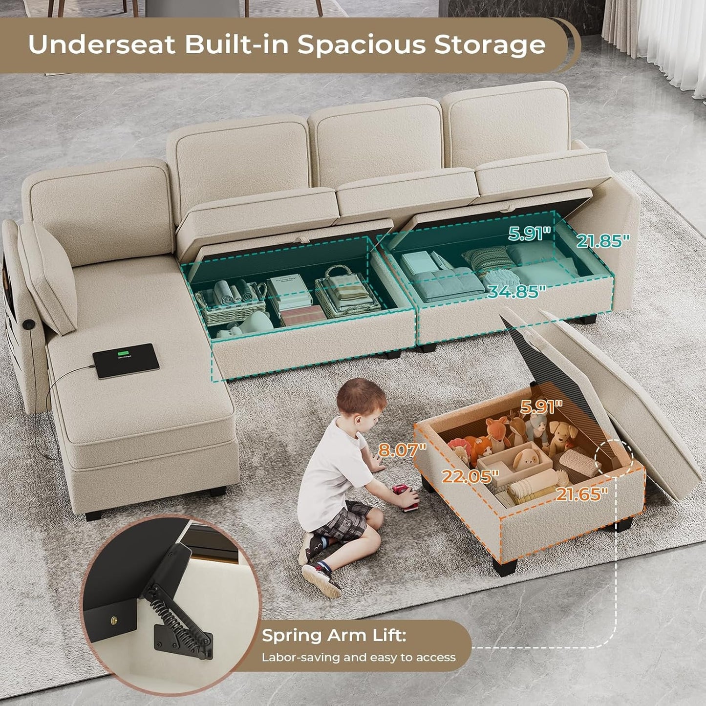 Hasuit 113'' U Shaped  Sectional Sofa with Storage Seats Comfy  with USB Dark Beige