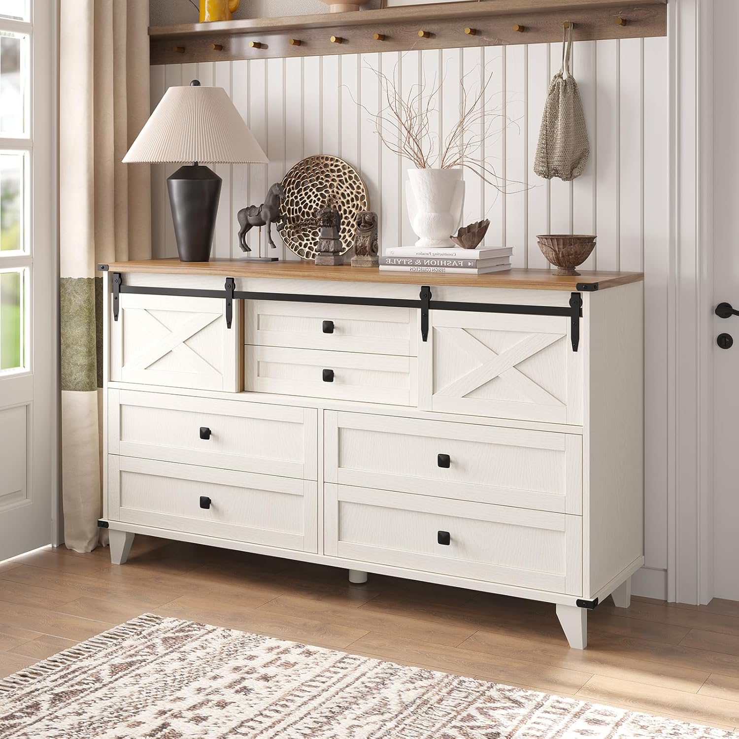 Hasuit Farmhouse 6 Drawer Dresser for Bedroom, Retro Chest of Drawers with Sliding Barn Door, Bedroom Long Storage Dressers Organizer, White
