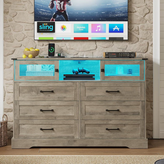 Hasuit 6 Drawer Dresser with LED Lights and Charging Station, Farmhouse Chest of Drawers Closet Organizer, Clothes Storage Cabinet Double Dressers for Bedroom, Living Room, Hallway, Rustic Oak