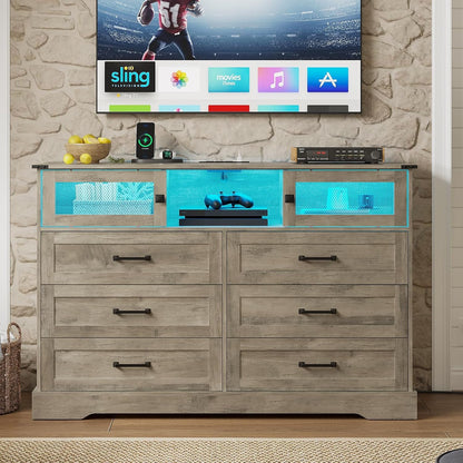 Hasuit 6 Drawer Dresser with LED Lights and Charging Station, Farmhouse Chest of Drawers Closet Organizer, Clothes Storage Cabinet Double Dressers for Bedroom, Living Room, Hallway, Rustic Oak