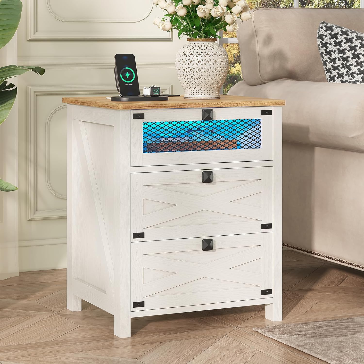 Hasuit Farmhouse Night Stand for Bedroom, Rustic Vintage White Nightstand with Charging Station and LED Lights, Bedside Table with 3 Drawers, Retro Side End Table with Storage
