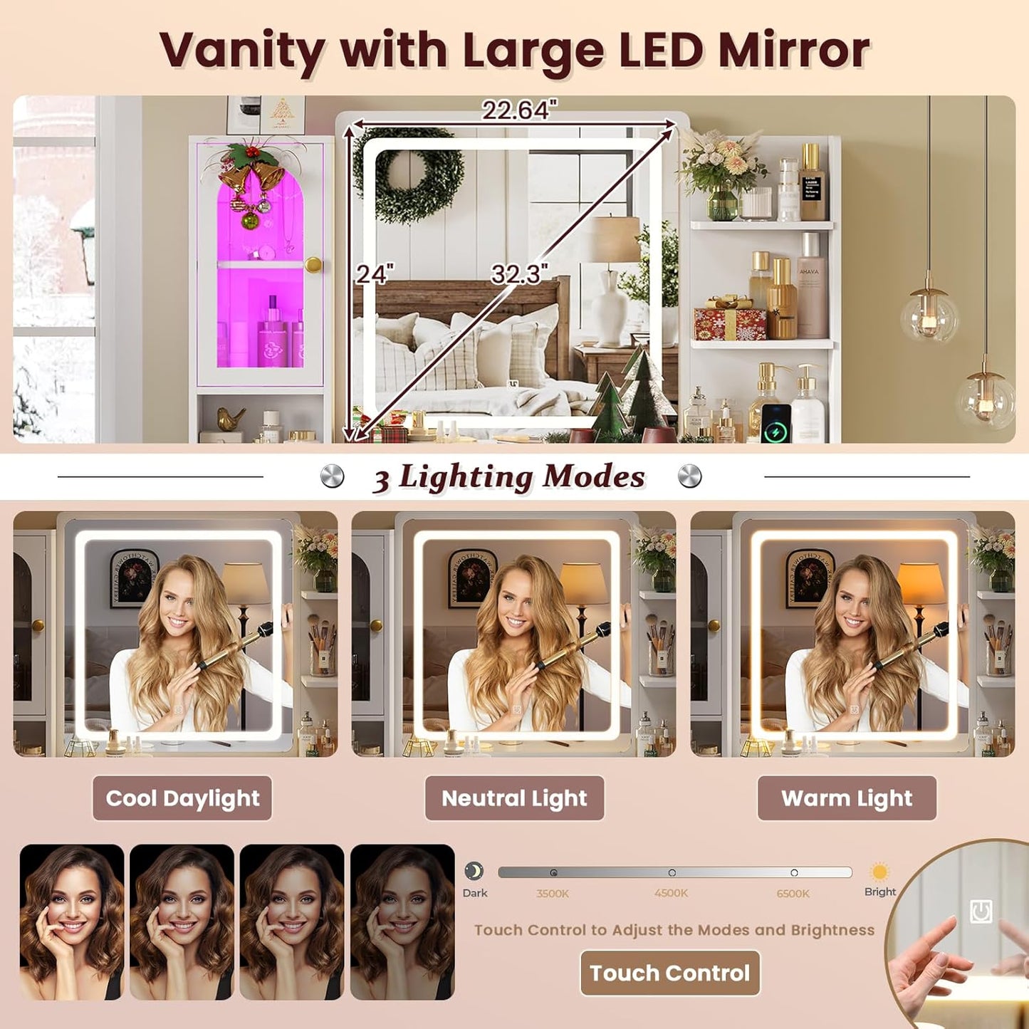 Hasuit White Vanity Desk with Mirror and LED Lights, Large Makeup Vanity Desk with 7 Drawers, Storage Shelves and RGB Glass Cabinet, Dressing Table for Bedroom with Charging Station, Lights Adjustable