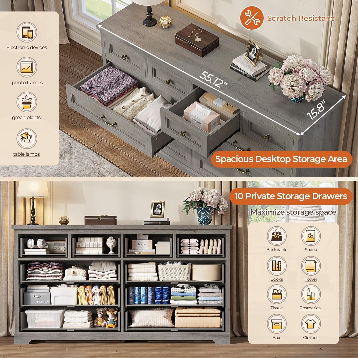 Hasuit Farmhouse 10 Drawer Dresser for Bedroom, 55.1" Wide Dressers Chest of Drawers, Rustic Wood Storage Cabinet with Deep Drawers and Vintage Handle, Large Gray Dresser for Bedroom, Closet, Hallway