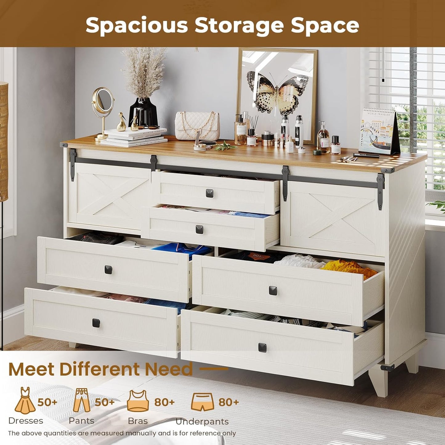 Hasuit Farmhouse 6 Drawer Dresser for Bedroom, Retro Chest of Drawers with Sliding Barn Door, Bedroom Long Storage Dressers Organizer, White