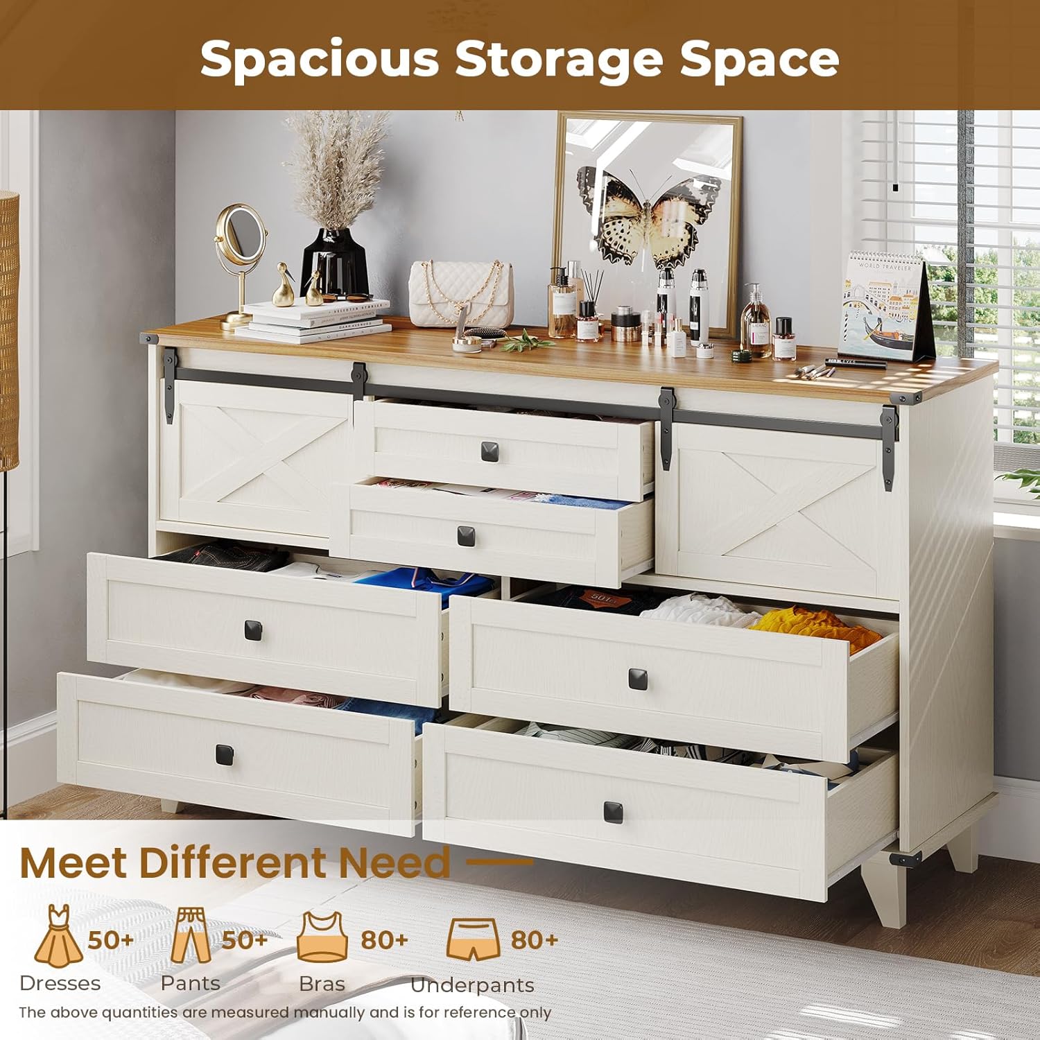 Hasuit Farmhouse 6 Drawer Dresser for Bedroom, Retro Chest of Drawers with Sliding Barn Door, Bedroom Long Storage Dressers Organizer, White