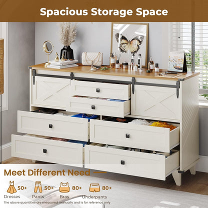 Hasuit Farmhouse 6 Drawer Dresser for Bedroom, Retro Chest of Drawers with Sliding Barn Door, Bedroom Long Storage Dressers Organizer, White
