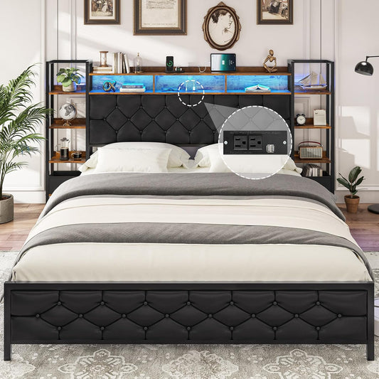 Hasuit King Farmhouse Bed Frame, King Size Platform Bed with LED Lights and Charging Station, Artificial Leather Headboard with Bookcase Shelves, No Box Spring Needed, Noise Free