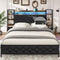 Hasuit King Farmhouse Bed Frame, King Size Platform Bed with LED Lights and Charging Station, Artificial Leather Headboard with Bookcase Shelves, No Box Spring Needed, Noise Free