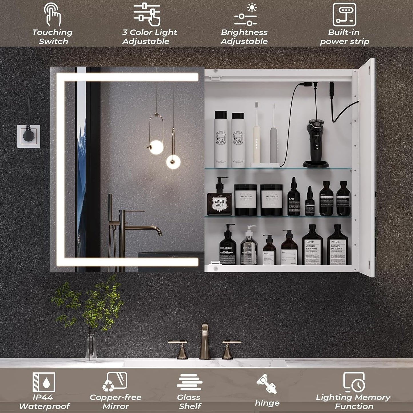 Hasuit 2 Doors Lighted Medicine Cabinet with Mirror, Wall Mounted with Storage
