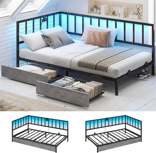Hasuit Twin XL Corner Bed Frame with Storage Drawers, Twin XL Size Bed with Fence, Teenagers/Kids Bed Unit with Charging Station and LED Light, Black Modern Daybed Reversible Left or Right