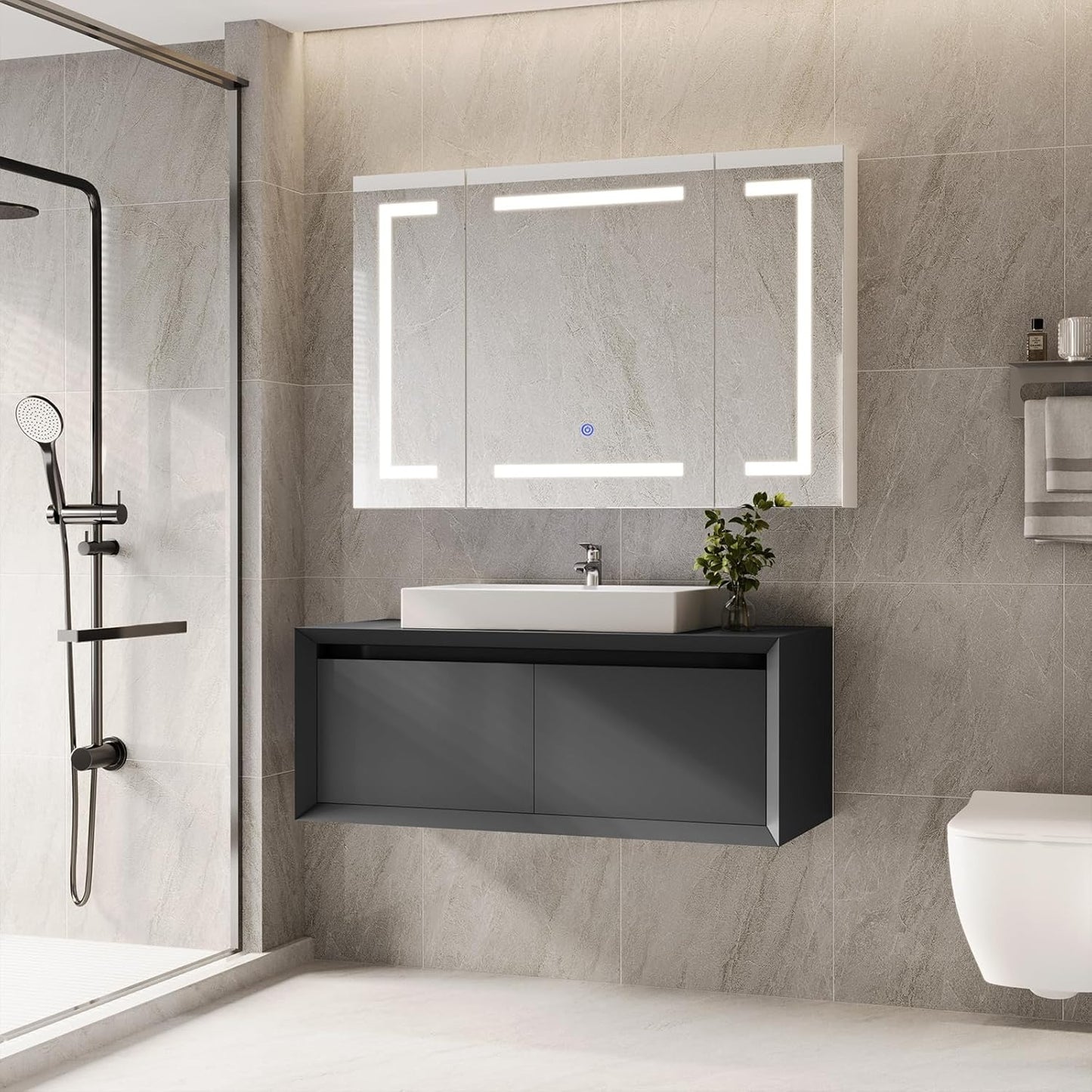 Hasuit 3 Doors Lighted Medicine Cabinet with Mirror, Wall Mounted with Storage
