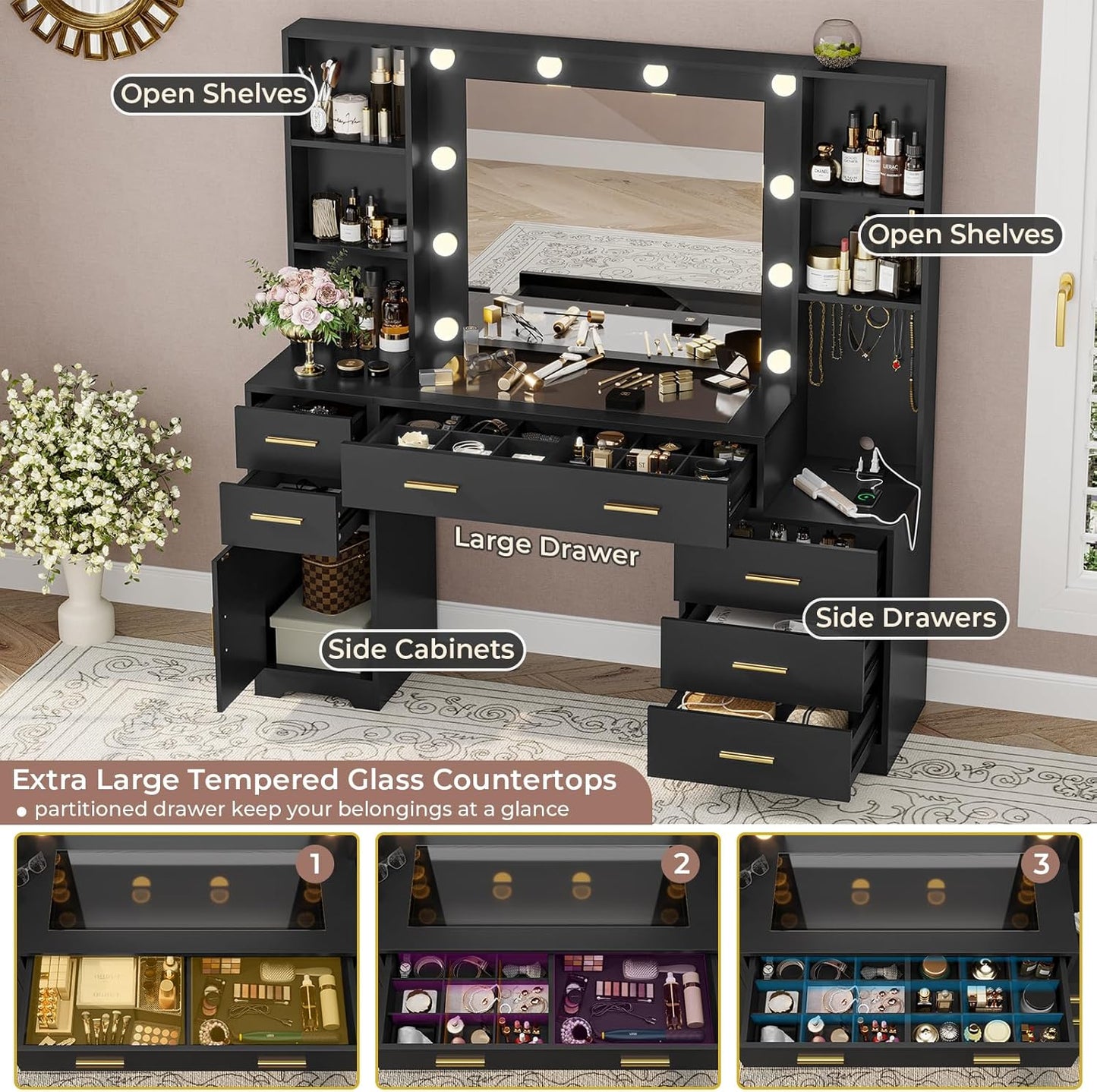 Hasuit 48.8'' Large Vanity Desk with Lighted Mirror & Power Outlet, Black Makeup Vanity Table with 6 Drawers, 4 Shelves and 1 Storage Cabinet, Glass Tabletop Bedroom Dressing Table, 3 Lighting Modes
