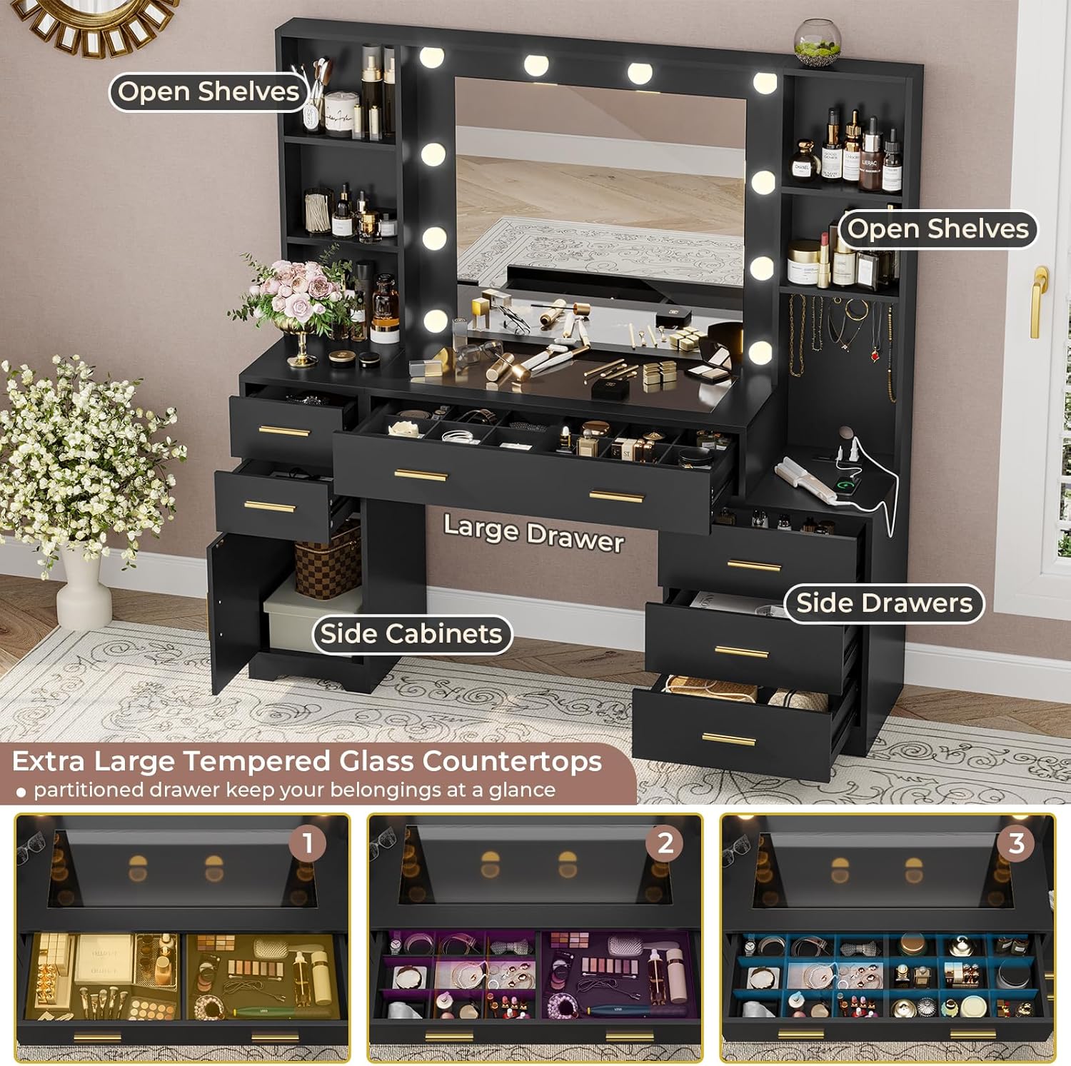 Hasuit 48.8'' Large Vanity Desk with Lighted Mirror & Power Outlet, Black Makeup Vanity Table with 6 Drawers, 4 Shelves and 1 Storage Cabinet, Glass Tabletop Bedroom Dressing Table, 3 Lighting Modes