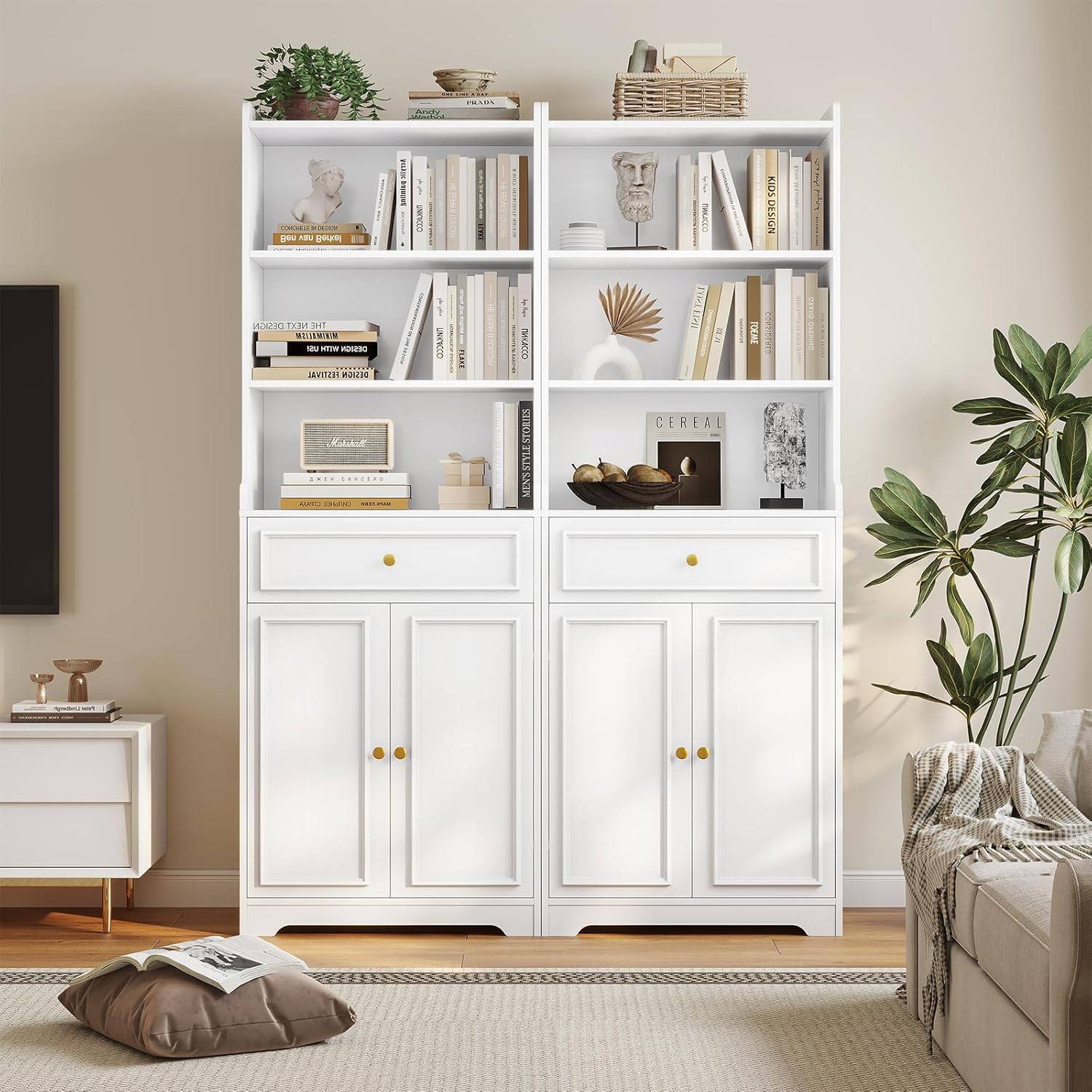 DICTAC Bookcase Set of 2 with Drawer and Doors 73.23''Tall Bookshelf with Open Shelves Freestanding Storage Cabinet with Microwave Space Storage Organizer for Home Office,Living Room,Bathroom,White