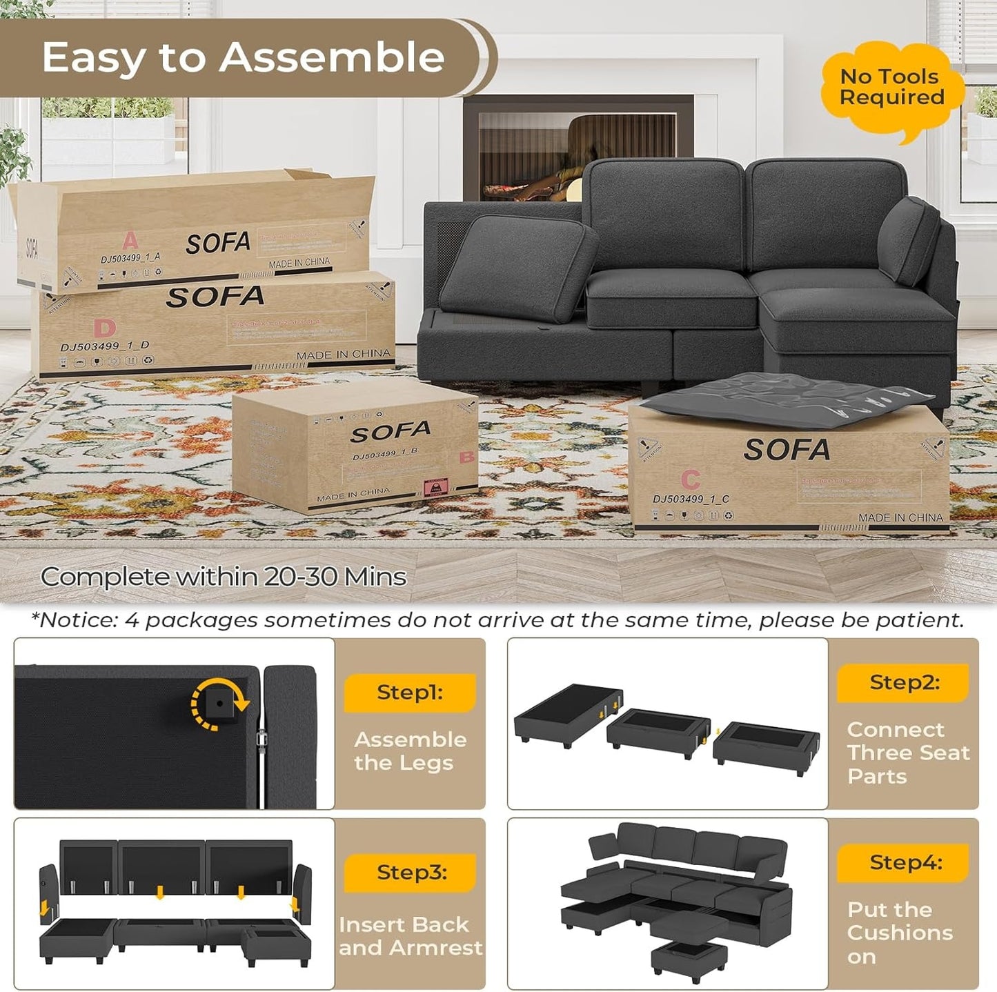Hasuit 113'' U Shaped  Sectional Sofa with Storage Seats Comfy  with USB Dark Grey