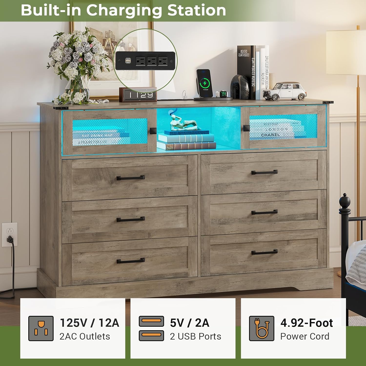 Hasuit 6 Drawer Dresser with LED Lights and Charging Station, Farmhouse Chest of Drawers Closet Organizer, Clothes Storage Cabinet Double Dressers for Bedroom, Living Room, Hallway, Rustic Oak